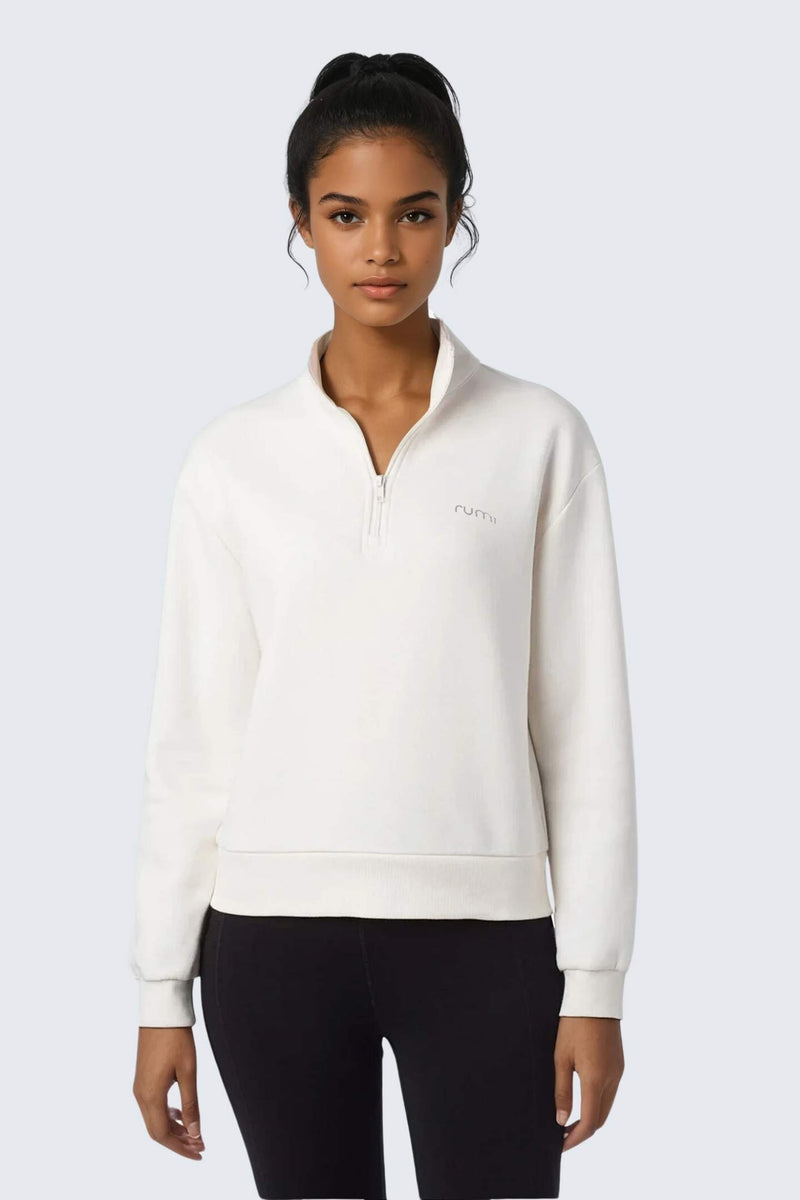 W Moon Sweatshirt Fleece Mock-Neck Half-Zip - Natural