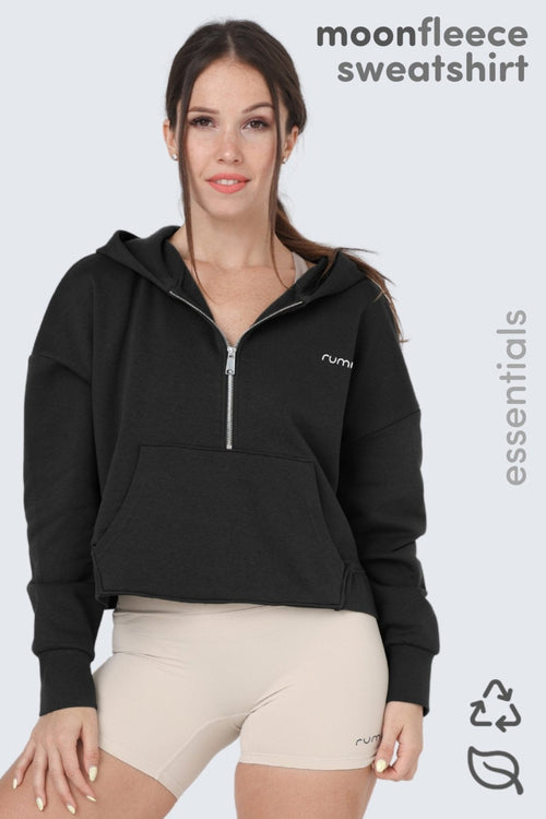 W Moon Cropped Sweatshirt Fleece Hoodie + Zip - Black