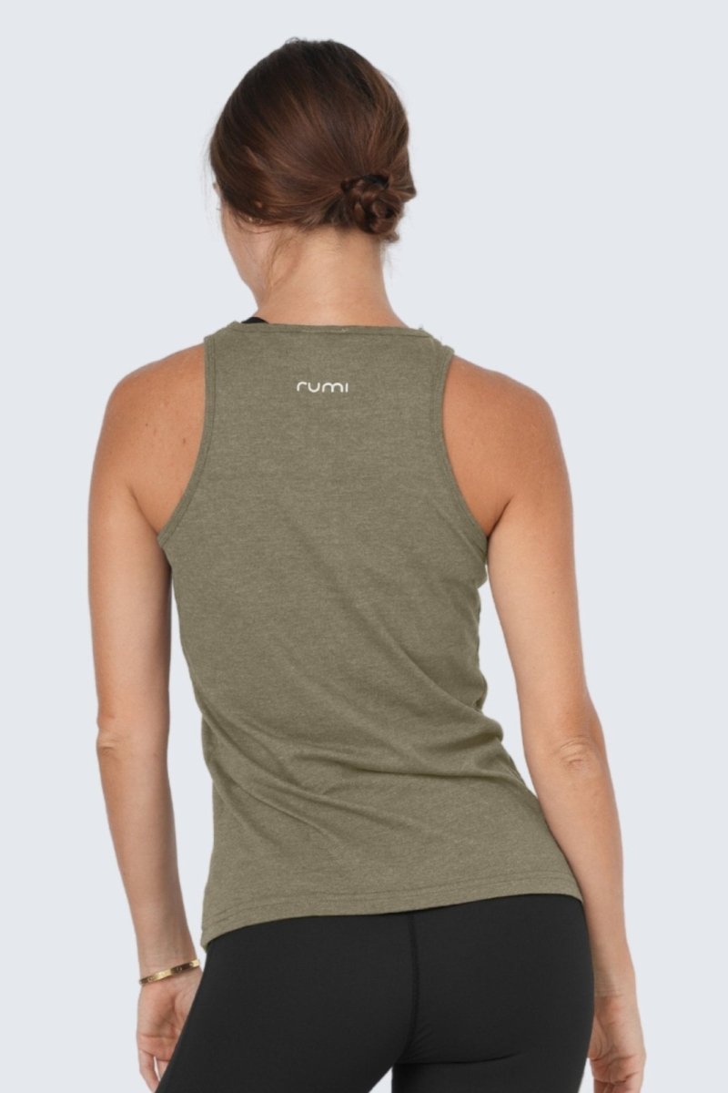 Rumi Earth - W Moon High - Neck Racerback Tank - Moss Heather - R111220MHS - Tops